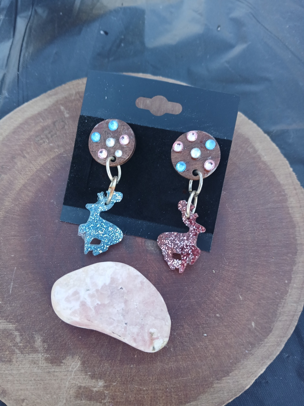 Glitter Resin Reindeer Drop Earrings -Wooden Post Blue & Pink